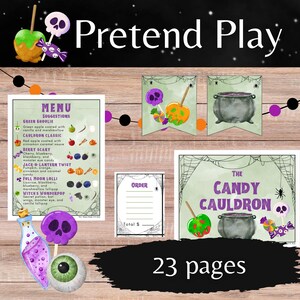May include: Halloween-themed pretend play set with a menu, order form, and decorative banners. The set includes a candy cauldron sign, a potion bottle, and a skull lollipop. The text "Pretend Play" and "23 pages" are visible.