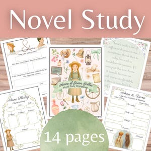 Puede incluir: Un conjunto de hojas de trabajo para el estudio de novelas, que incluye un estudio de "Anne of Green Gables". Las hojas de trabajo presentan ilustraciones y texto, con el título "Novel Study" en la parte superior. La imagen muestra 14 páginas de materiales de estudio.