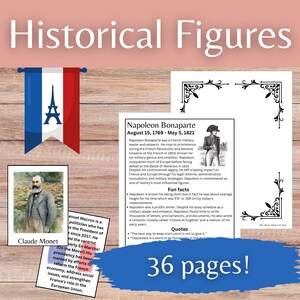 Unidade de biografia de figuras históricas francesas com 20 pessoas do passado e do presente, para unidade de estudo em sala de aula ou em casa, cartões de memória flash, esboços biográficos
