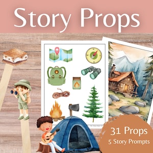 May include: A set of 31 camping-themed props and 5 story prompts for storytelling activities. The props include a compass, binoculars, a backpack, a map, a campfire, an axe, a tree, a tent, a s'more, and a cabin in the woods.