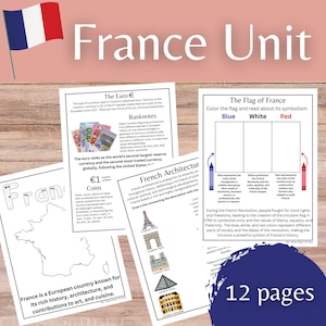 Könnte beinhalten: Eine druckbare Frankreich-Einheit für Kinder mit einer Schwarzweiß-Umrandung von Frankreich, einer Malvorlage der französischen Flagge und Informationen über die Euro-Währung und die französische Architektur. Der Text auf der Seite lautet "France Unit", "The Euro €", "Banknotes", "Fran", "€1", "Coins", "French Architecture", "The Flag of France", "Color the flag and read about its symbolism", "Blue", "White", "Red", und "12 pages".