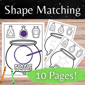 May include: Black and white shape matching activity pages with a cauldron and potion bottle theme. The text "Shape Matching" is at the top, and "10 Pages!" is at the bottom. A purple crayon is drawing a circle.
