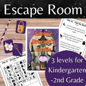 May include: An "Escape Room" game set for Kindergarten to 2nd grade. The image features a pencil, cards with a lock, key, and garlic, and a game board with clues. The main graphic is a castle with the text "Escape Dracula's Castle".
