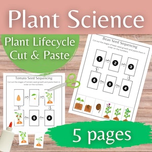 May include: Educational plant science activity sheets. Features "Plant Lifecycle Cut & Paste" and "Bean Seed Sequencing" with numbered stages. The image shows the text "Plant Science" and "5 pages" on a wooden background.
