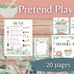 May include: A printable set of 20 pages for pretend play, featuring an apothecary theme. The set includes a menu with various herbal remedies, an order form, and a sign that reads "The Apothecary". The pages are decorated with watercolor illustrations of plants and herbs.