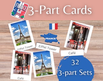 France Montessori Style 3-Part Cards for Vocabulary and Language Building Preschool, Kindergarten, 1st, and 2nd Grade