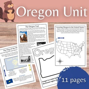 Oregon Mini Unit with Geography, Government, History, Oregon Trail and More; Flag and State Seal Study, Fun Facts, & Coloring Pages