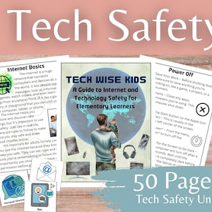以下が含まれることがあります： 「テック・ワイズ・キッズ：小学生のためのインターネットとテクノロジーの安全ガイド」というタイトルの、小学生向けのカラフルなテクノロジーセーフティガイド。このガイドには、インターネットの基本、電源を切る方法、その他の安全対策に関するセクションが含まれています。表紙には、男性と子供が前に立っている青い地球儀が描かれています。