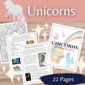 May include: A set of 22 printable pages about unicorns, featuring a black and white coloring page, a rainbow background with a unicorn, and text about the origins of the unicorn and the unicorn and the ark. The text includes the words "Unicorns Wonders of the World".