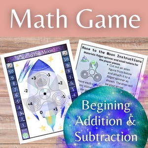 May include: Educational math game with a space theme. The image shows two printed pages with a rocket ship and instructions for a game called "Race to the Moon!" The game is for beginning addition and subtraction. The text "Math Game" is at the top.