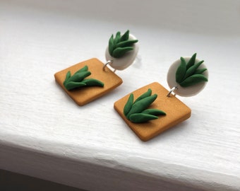 statement earrings - plant earrings - geometric earrings - handmade polymer clay earrings