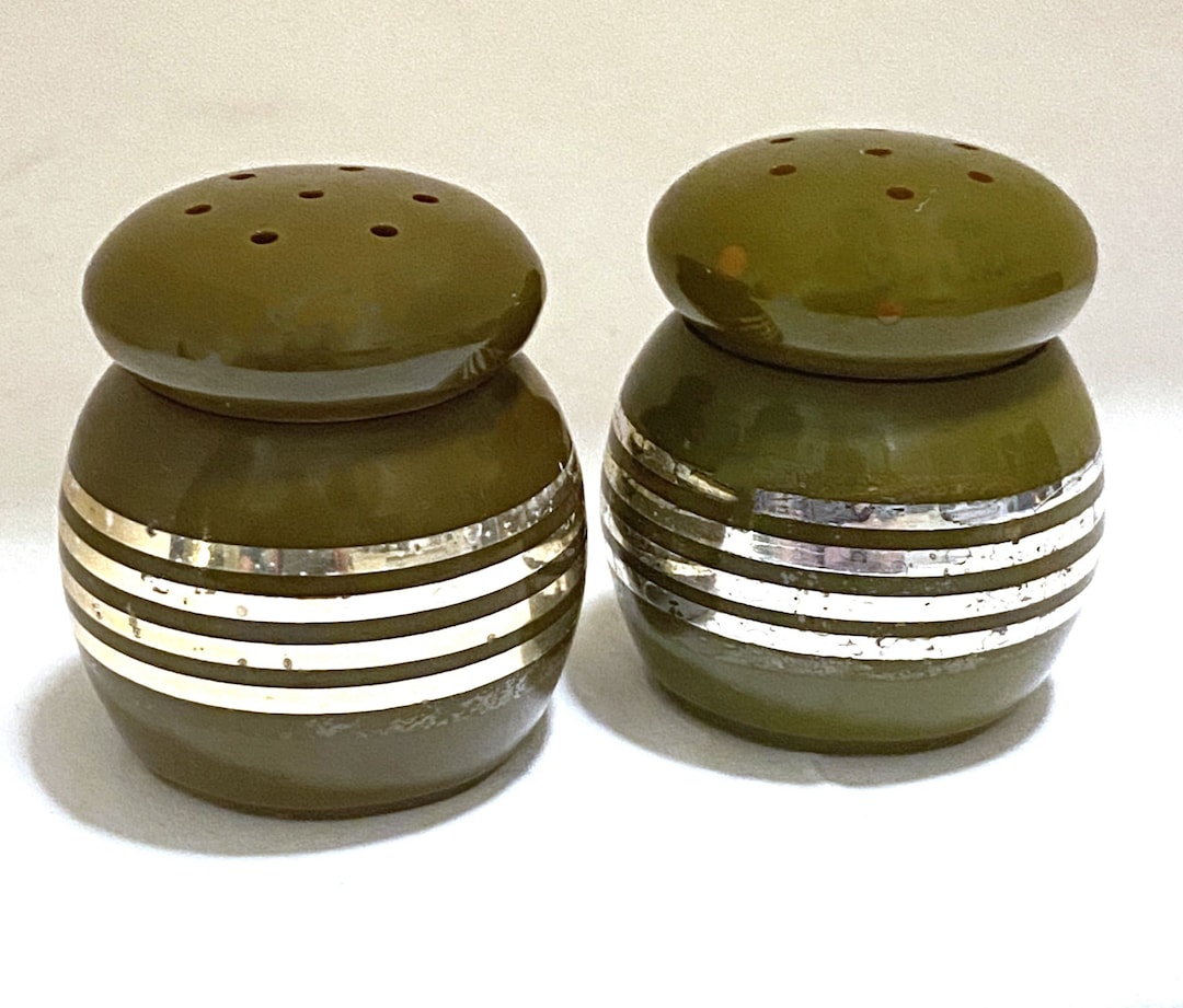 Vintage Bakelite Salt and Pepper Shakers Green W Silver Stripes Etsy