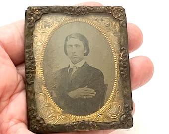 Antique Tin Type Photo, From a Union Case, Man with Pinky Ring Under Glass