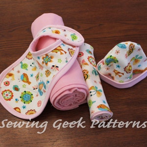 Nieuwe babycadeauset - PDF-naaipatroon. Ontvangstdeken, slabbetje, spuugdoekje, hoedencadeauset. Baby naaipatroon. Eenvoudig patroon. Maat pasgeboren