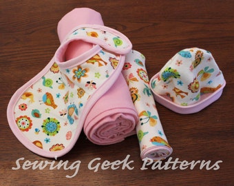 New Baby Gift Set - PDF Sewing Pattern. Receiving Blanket, Bib, Burp Cloth, Hat Gift Set. Baby Sewing Pattern. Easy Pattern. Size Newborn