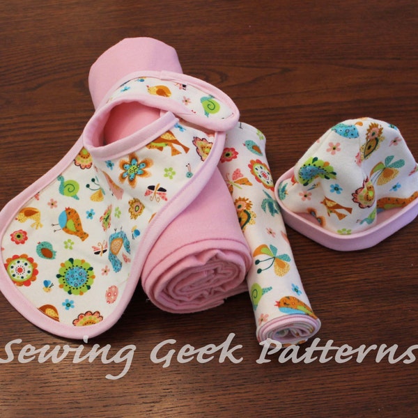 New Baby Gift Set - PDF Sewing Pattern. Receiving Blanket, Bib, Burp Cloth, Hat Gift Set. Baby Sewing Pattern. Easy Pattern. Size Newborn