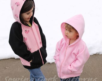 Sweat à capuche confortable pour enfants / modèle PDF de veste zippée. Patron de couture unisexe. Motif enfant en bas âge. Motif bébé. Tailles 3 mois - 14