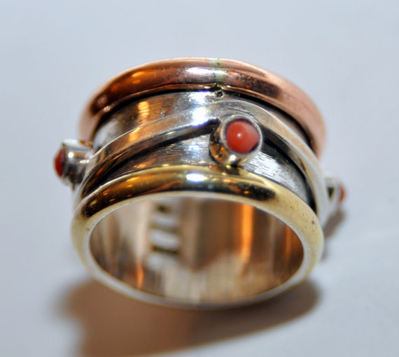 Sterling Silver Tricolor Vermeil Ruby Band Ring - image 1