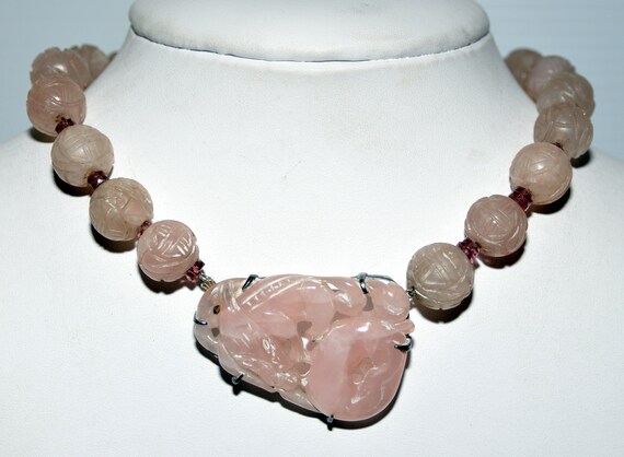 Carved Vintage Rose Quartz Dragon Necklace