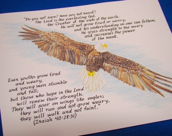 Soaring Eagle Art Print, Isaiah 40:28-31 Biblical Quote, 11x14