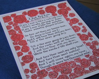 Robert Burns Poem Print, Red Rose Art, Scottish Love Verse (11x14)