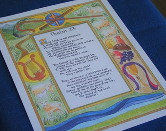 Psalm 23 Art Print, The Lord is My Shepherd, Decorative Border (11x14)