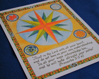 Proverbs 3:5-6 Art Print - Colorful Compass, Four Seasons (11x14)