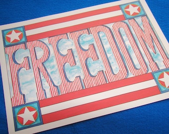 Freedom Patriotic Art Print, Red White Blue Stripes (11x14)