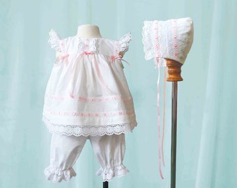 Heirloom Baby Pinafore, Baby Pantaloons, Baby Bonnet, Vintage Pinafore, Pinafore, Bonnet, Bloomers Set