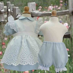Vintage Baby and Toddler Pinafore and Dress Set, Bloomers, Lace Trimmed Socks, Sizes 1, 2, 3, 4 Light Blue, Pink, Lavender, or Yellow Dress