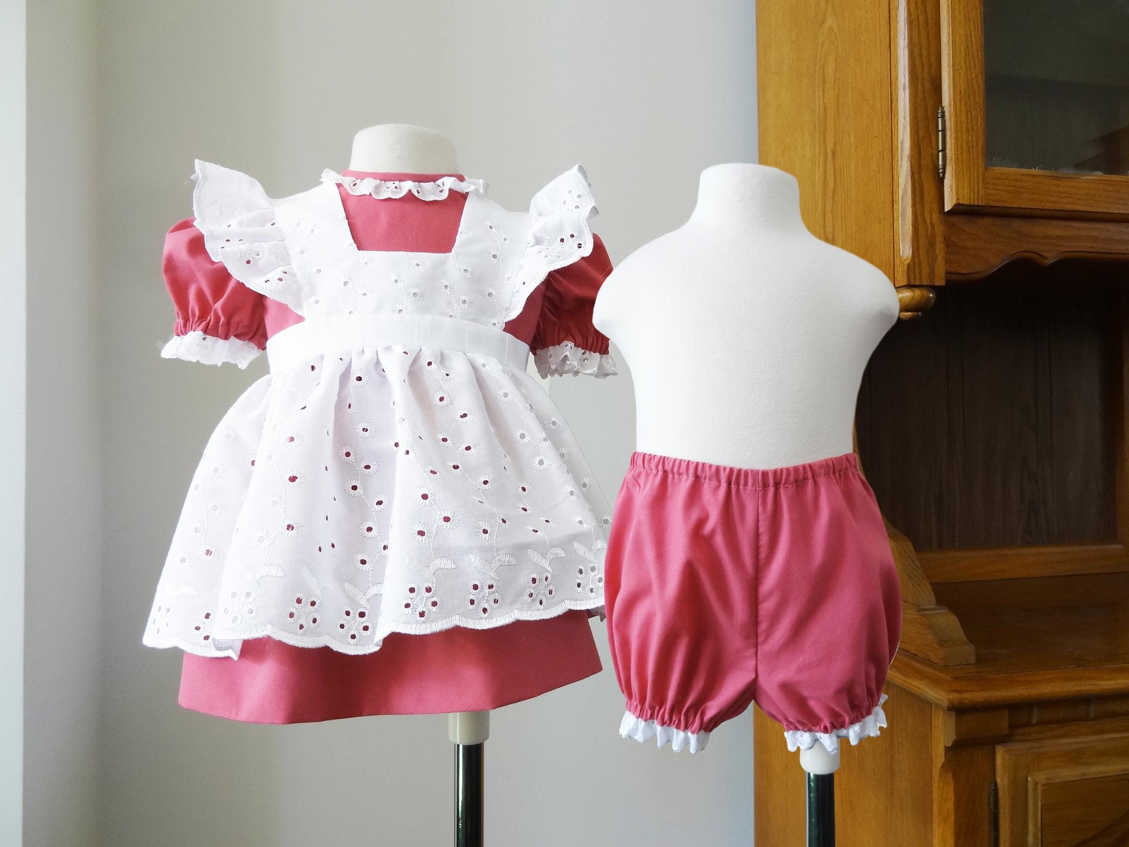 Baby Toddler Girl Pinafore, Vintage Style Dress, Bloomers, Size 1, 2, 3, 4, Heirloom Pinafore and Dress