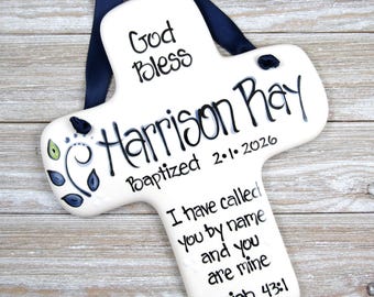Personalized Baptism Cross: Hand-Painted Ceramic Boy's Gift
