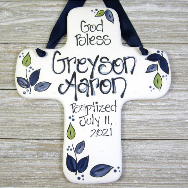 Personalized Baptism Cross for Boys in Navy Blue and Green