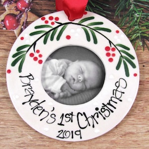 Hand-Painted Baby's First Christmas Ornament: Personalized Ceramic Picture Frame