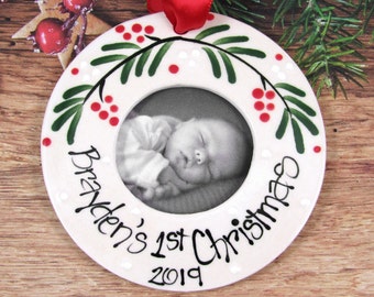Hand-Painted Baby's First Christmas Ornament: Personalized Ceramic Picture Frame