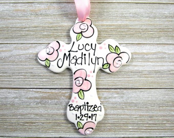 Personalized Baptism Cross Ornament with Pink Flowers
