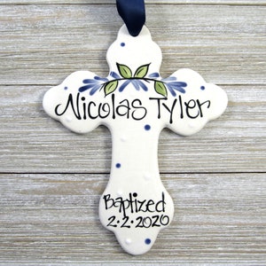 Personalized Baptism Cross Ornament in Blue and Green for Boys