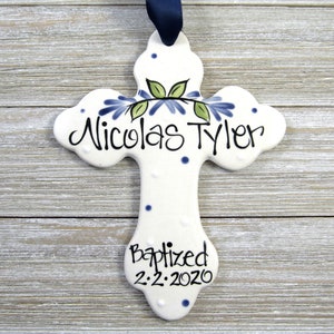 Personalized Baptism Cross Ornament in Blue and Green