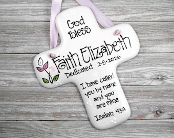 Personalized Baby Dedication Cross: Pink Ceramic Girl Gift