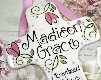 LARGE Personalized Hand Painted Baptism Cross for Girls in Pink and Green