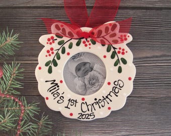Baby's First Christmas Ornament // Personalized Wreath Picture Frame