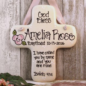 Personalized Baptism Cross: Hand-Painted Ceramic with Pink Flower