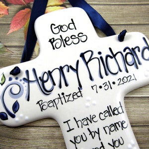 Personalized Baptism Cross for Boys in Navy and Green 'I Have Called You by Name and You are Mine' Isaiah 43:1