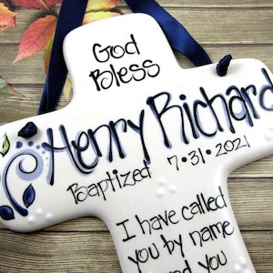 Personalized Baptism Cross for Boys in Navy and Green &#39;I Have Called You by Name and You are Mine&#39; Isaiah 43:1