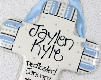 Boy Dedication Gifts // Personalized Dedication Cross in Light Blue and Gray