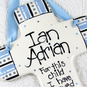 Personalized Baby Boy Cross in Light Blue and Gray 'For This Child I Have Prayed' 1 Samuel 1:27