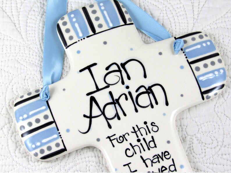 Personalized Baby Boy Cross in Light Blue and Gray 'for Etsy
