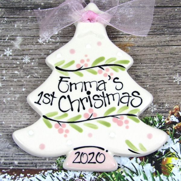 Personalized Baby's First Christmas Ornament Tree in Pink for Girls