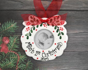Baby's First Christmas Ornament // Personalized Wreath Picture Frame