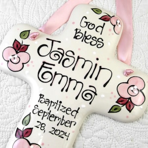 Personalized Baptism Cross with Flowers in Pink and Dark Red for Girls